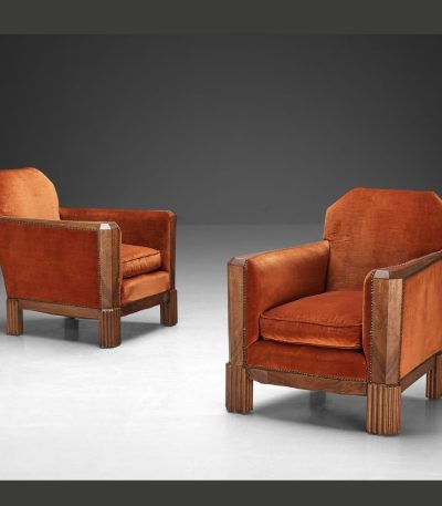 Buy Hasthshilpa French Art Deco Pair of Lounge Chairs in Orange Fabric and Walnut | Lounge Chair | Wooden Lounge Chair | Upholstered Lounge Chair | Living Room Furniture | Luxury Furniture | Hasthshilpa Luxe