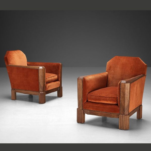 Buy Hasthshilpa French Art Deco Pair of Lounge Chairs in Orange Fabric and Walnut | Lounge Chair | Wooden Lounge Chair | Upholstered Lounge Chair | Living Room Furniture | Luxury Furniture | Hasthshilpa Luxe