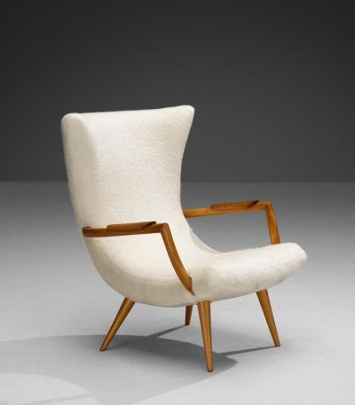 Buy Hasthshilpa Lounge Chair in Off-White Premium Fabric and Teak Wood | Wooden Lounge Chair | Upholstered Lounge Chair | Luxurious Lounge Chair | Teak Wood Furniture | Teak Wood Lounge Chair | Sofa Chair | Luxury Furniture | Living Room Furniture | Living Room Chair | Hasthshilpa Luxe