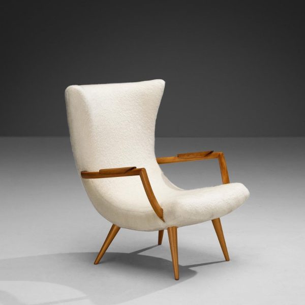 Buy Hasthshilpa Lounge Chair in Off-White Premium Fabric and Teak Wood | Wooden Lounge Chair | Upholstered Lounge Chair | Luxurious Lounge Chair | Teak Wood Furniture | Teak Wood Lounge Chair | Sofa Chair | Luxury Furniture | Living Room Furniture | Living Room Chair | Hasthshilpa Luxe